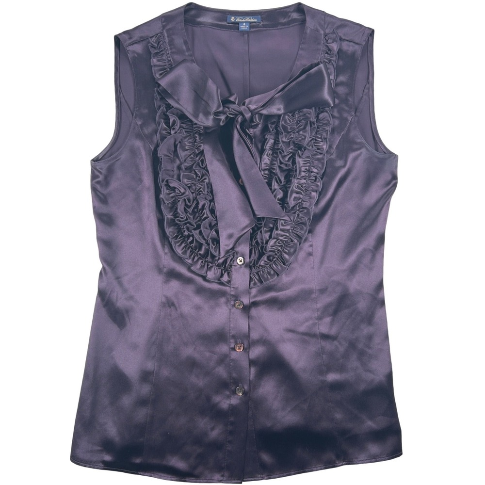 Brooks Brothers Silk Ruffle Front Tie Neck Top Womens 4 Purple‎ Sleeveless Satin